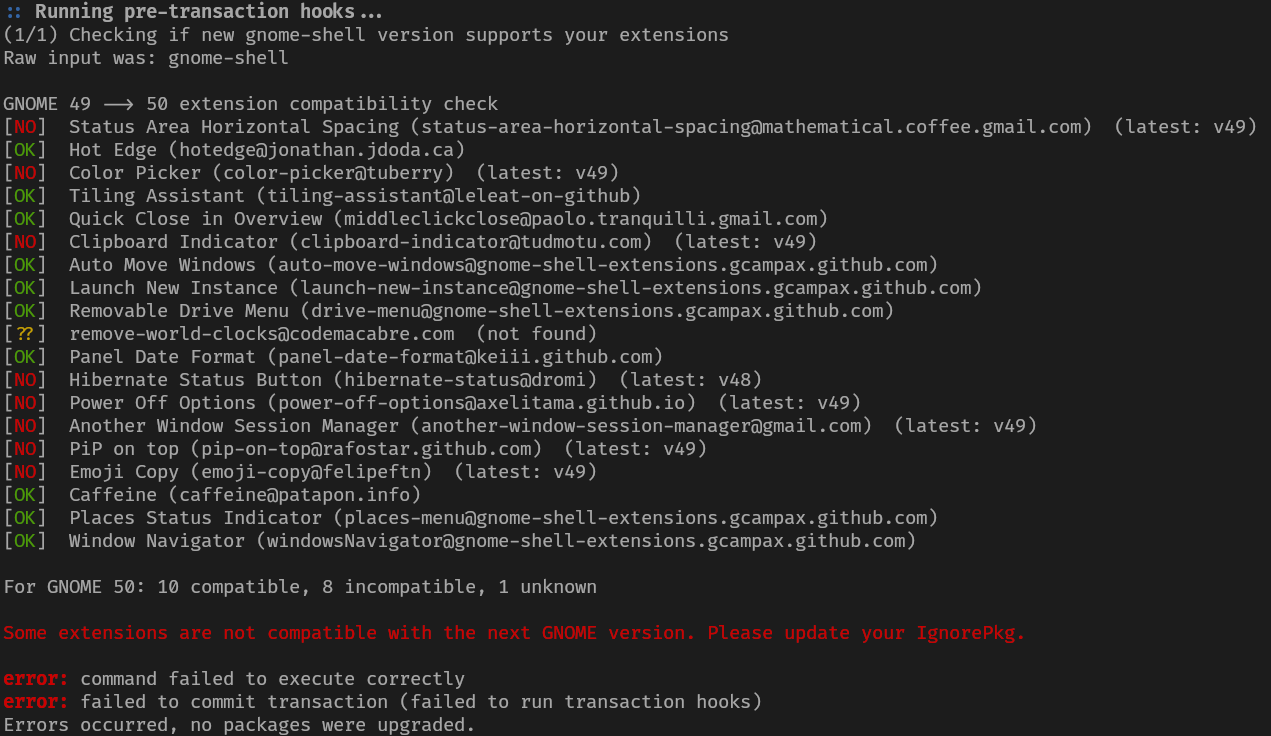 pacman running the described pacman hook and aborting after the checker script found some extensions which were not ready for the next gnome version yet